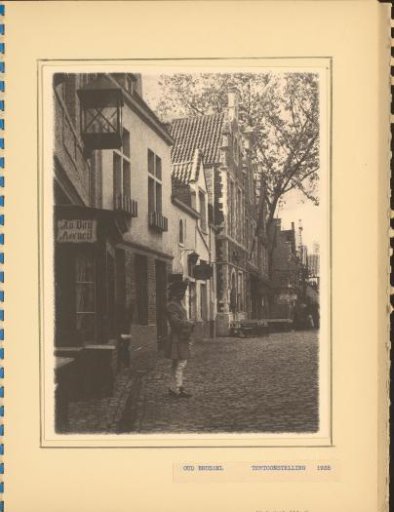 Man in costume on a street in Old Brussels at the 1935 World's Fair
