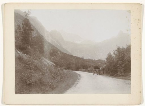 Carriage on a road in a mountain landscape (Norway, Italy, or France)