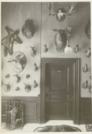 Interior of the country house De Wildbaan with hunting trophies on the wall
