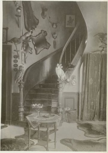 Staircase in the hall of the country house De Wildbaan with hunting trophies
