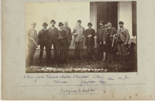 Pages from the photographer's album with ice skating, a hunting party, and a self-portrait (bottom right) with a self-timer