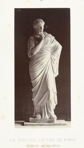 Marble statue of a woman in a high-closed robe, raising a finger.