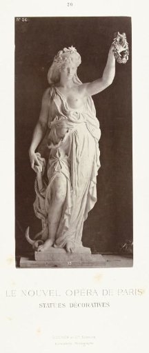 Marble statue of a woman in a robe with a bare breast, holding a laurel wreath in her left hand and a ship's anchor in her right.
