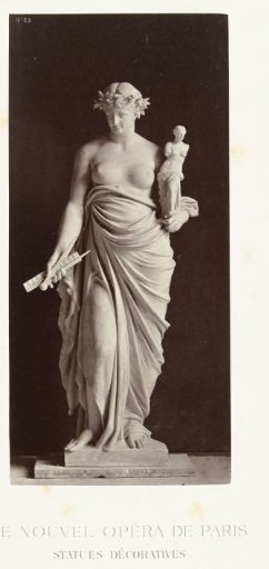 Marble statue of a woman holding a statue in her left hand, and a compass and ruler in her right hand