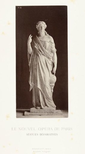 Marble statue of a woman in a high-closed dress, pointing with her right hand to a globe and with her left hand to the sky