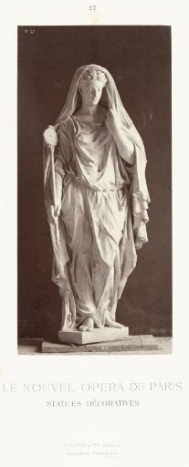Marble statue of a veiled woman in a high-closed dress holding a staff in her right hand