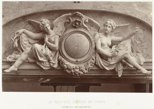 Two statues of female angels holding musical instruments, seated on either side of a medallion, situated above a doorway