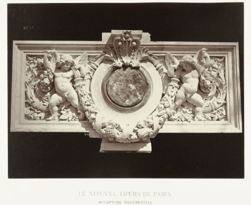 Relief with cherubs next to a medallion, together holding a fruit garland