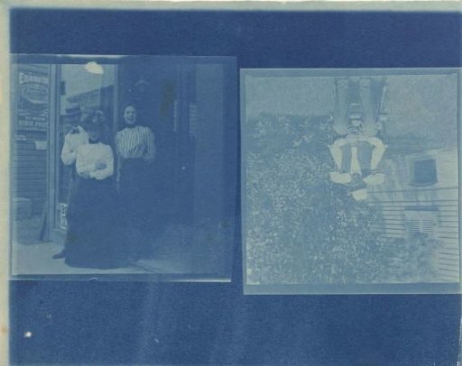Sheet with Two Proof Impressions of Two Women and a Man Standing in the Doorway of a Shop and a Man Sitting on a Chair in a Garden