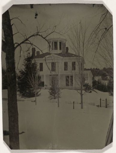 View of a Wooden House (with a Turret or "Widow's Walk" or "Roofwalk") in the Snow