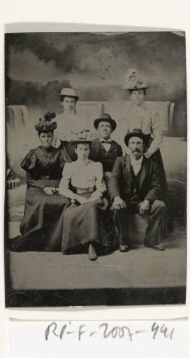 Group Portrait of Two Men and Four Women, Standing and Sitting in Front of a Painted Backdrop (Niagara Falls)
