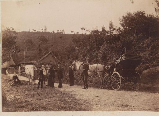 Company with horse-drawn carriages on a country road in France