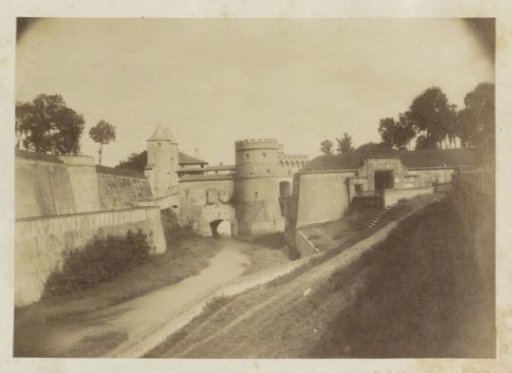 View of a defensive work with moat and towers, probably in France
