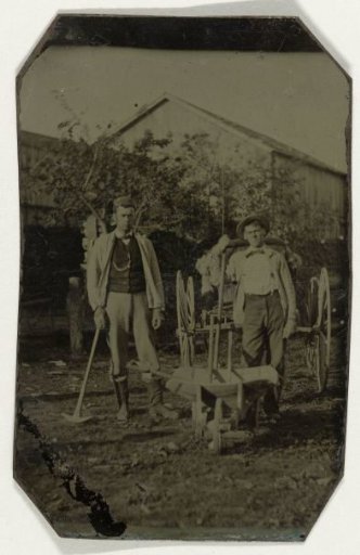 Two Men with Tools, a Wheelbarrow, and a Cart