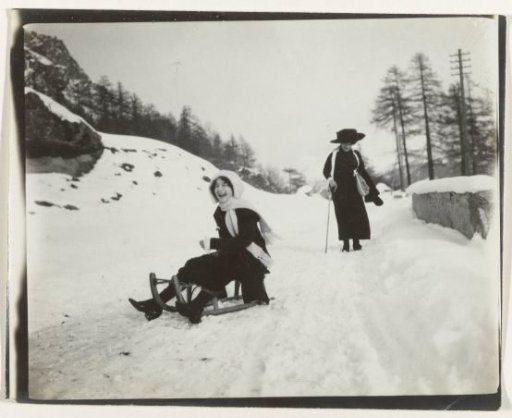 Two Women with a Sleigh in the Snow