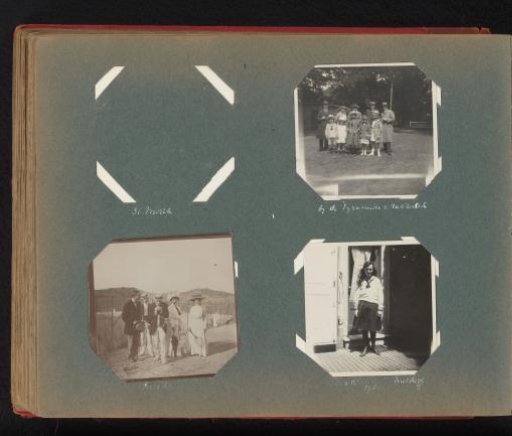 Group of people at the Pyramid of Austerlitz, on a tennis court, and Eva Reichlin von Meldegg in a garden