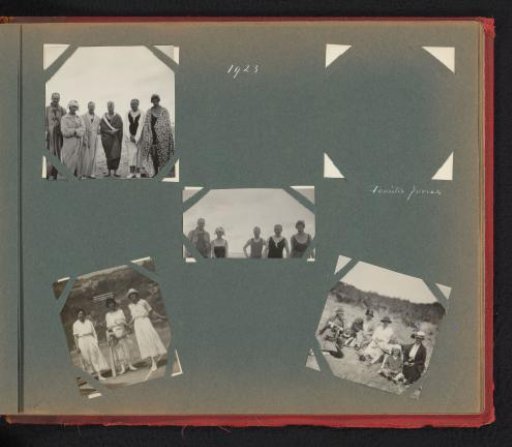 Three scenes with men and women on a beach, and a view of a tennis court