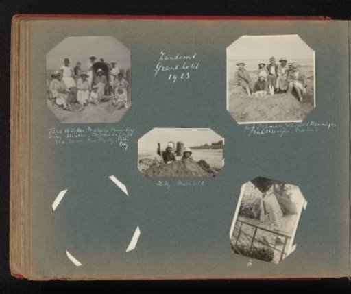 Three scenes on the beach of Zandvoort, with Eva and Hetty Boelen and Machteld Matthes, and Joan Boelen on a wall by a staircase