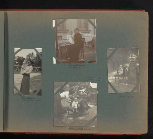 Eva Boelen with family members, including Charlotte Boelen-Matthes, Charlotte Matthes-Doorman and Eva Boelen-Smidt van Gelder, in the garden of Keizersgracht 756 and in Bad Bentheim