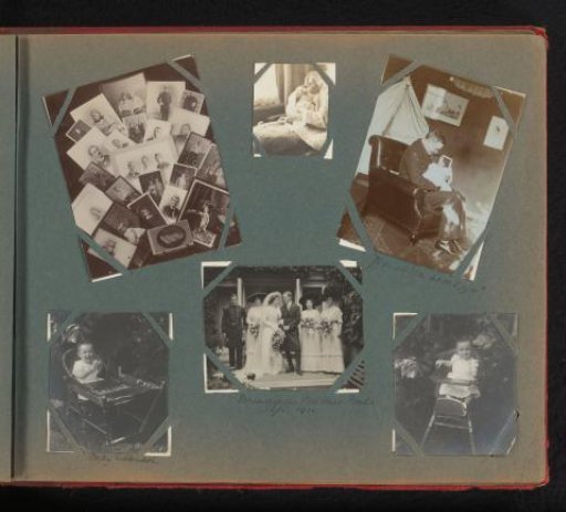 Eva Boelen with her father, Joan Boelen, the newlyweds Hester and Rudolf Matthes, and a composition of family photographs