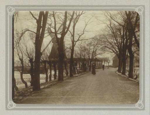 Man and woman walking on a road with trees near a windmill