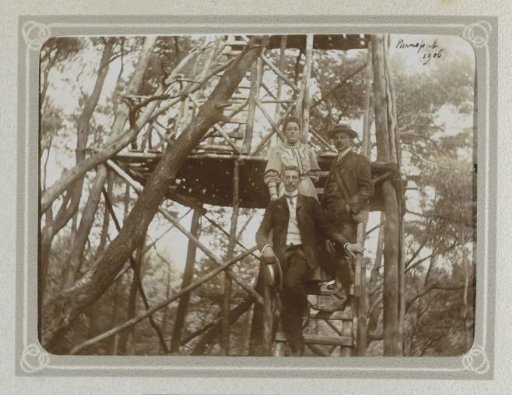 Two men and a woman posing in a wooden lookout tower