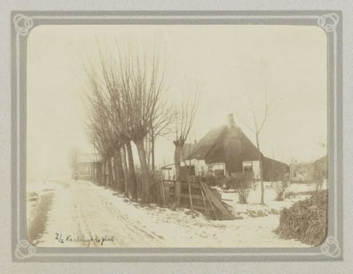 Snowscape at the Kralingseplas: houses and leafless willow trees along a road