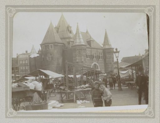 Nieuwmarkt in Amsterdam with the Waag, market stalls, and children