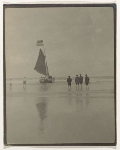 Sailing ship in shallow water at the coast (North Sea coast), Netherlands