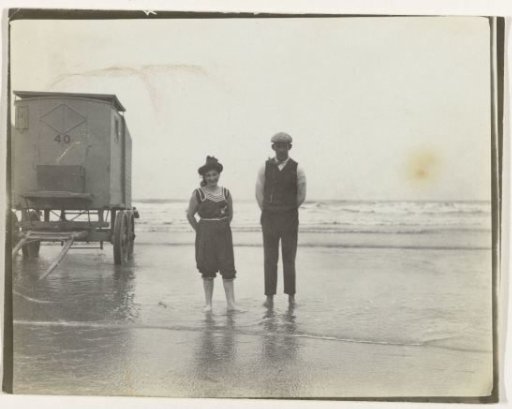 Man and woman by a bathing carriage (North Sea coast), Netherlands or Germany