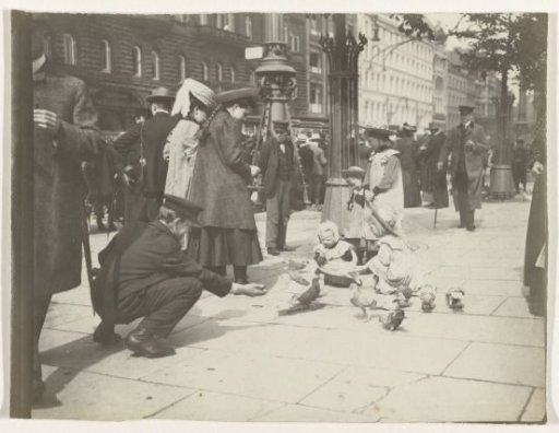 Feeding pigeons in a city