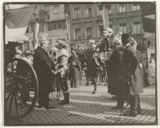 View in a city, possibly in Germany during carnival