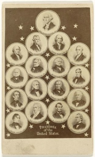 Composition of portraits of 17 American presidents, from George Washington to Andrew Johnson (1789-1869)