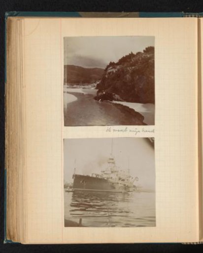 Theodore van Lelyveld kneeling by a stream with his hand in the water and a steamboat being launched