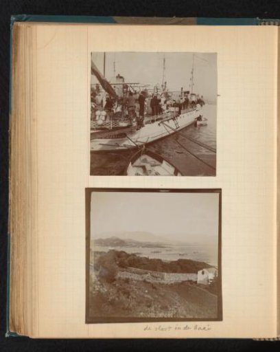 Sailors on a steamboat and a view of a fleet in the bay of Ajaccio