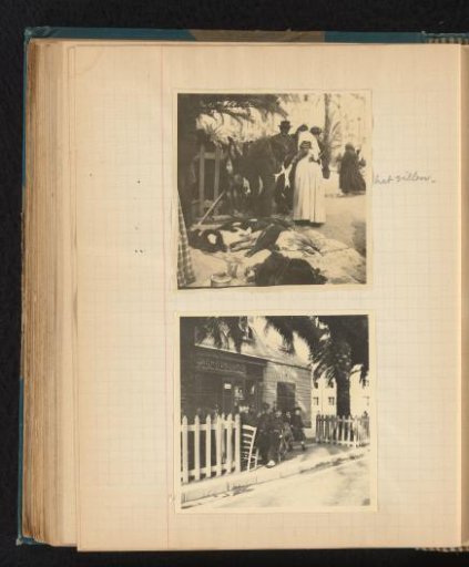 Merchants skinning calves at a market and officers on the terrace of a café near Place des Palmiers, Ajaccio