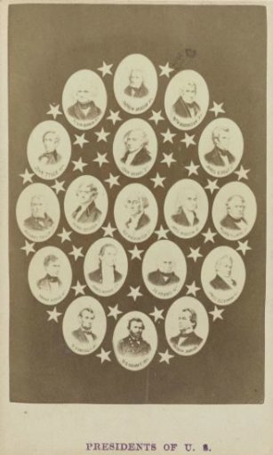 Composition of portraits of 18 American presidents, from George Washington to Ulysses S. Grant (1789-1877)