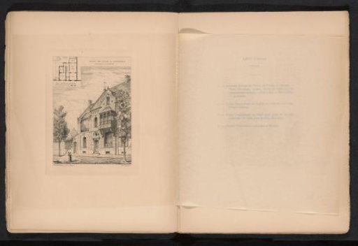 Reproduction of a drawing of the façade of a building with a ground floor plan in the upper left, by Charles Licot