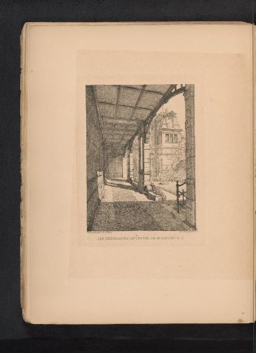 Reproduction of a drawing of a view of the colonnade and courtyard of a building