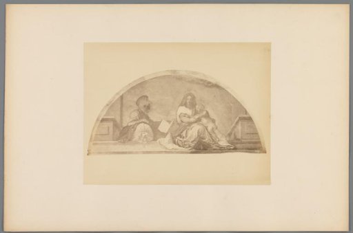 Photographic reproduction of a fresco depicting Mary and Christ and a saint