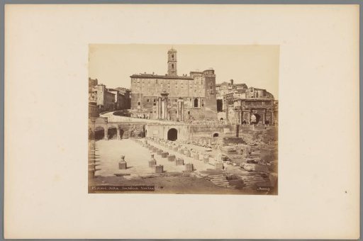 Remains of the Basilica Julia on the Roman Forum, viewed towards the Capitoline Hill in Rome, Italy