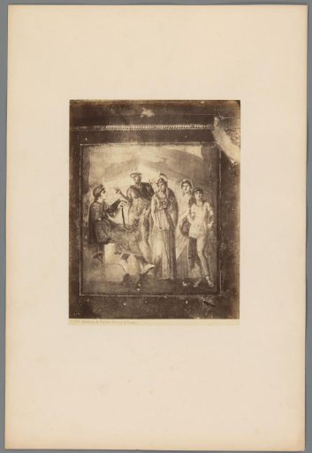 Photographic reproduction of a fresco with five figures in Pompeii, Italy