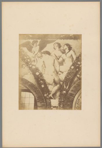 Photographic reproduction of a wall painting depicting three figures and an angel
