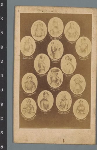 Composition of fourteen images of Dutch costumes, including two Amsterdam orphan children