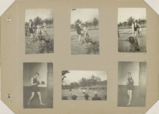 Album page with six photographs of a boxer