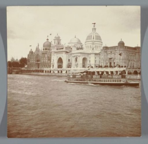 View over the Seine, with the pavilions of Italy, Turkey, the United States, and Austria on the Quai des Nations to the right, Exposition Universelle (World's Fair), Paris, France