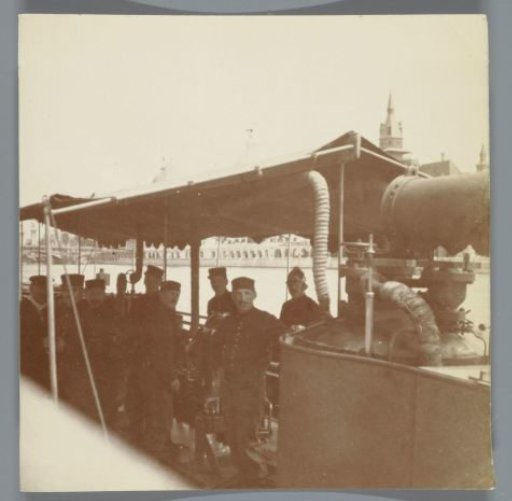 Ship on the Seine, with the pavilion of Hungary on the opposite bank, Exposition Universelle (World's Fair), Paris, France