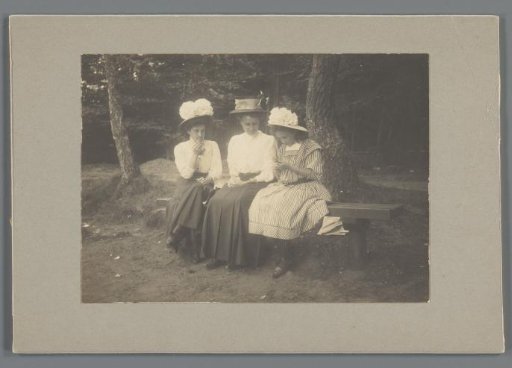 Johanna (Nan) Vreede and Johanna (Hans) de Jong with an unknown young woman sitting on a bench in the forest