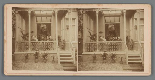 Lambertus de Jong, Hendrina (Dina) de Jong-Ploeg, Johanna de Jong-Voet and Piet de Jong on the veranda of Piet de Jong's house in Arnhem