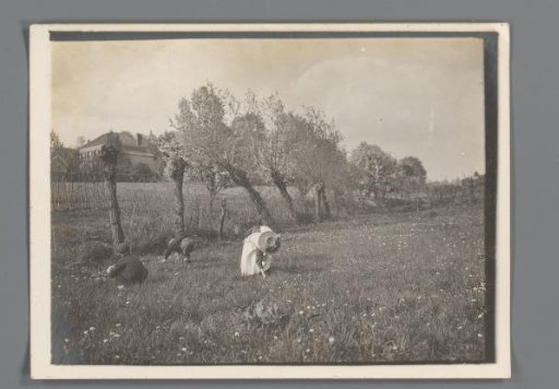 Woman and Two Children Picking Flowers in a Meadow